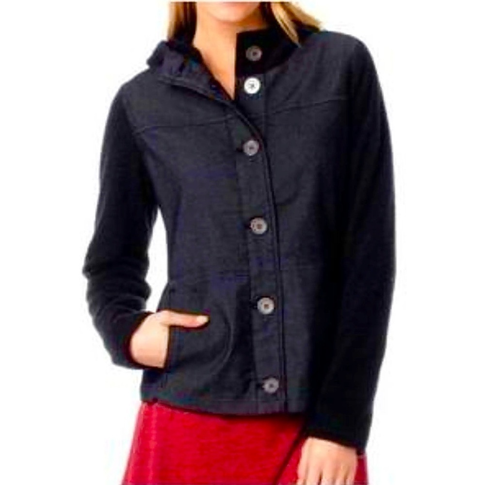 Prana Mixed Media Toni Jacket in Dark Indigo with Warm Arms in Black & Hoodie, S